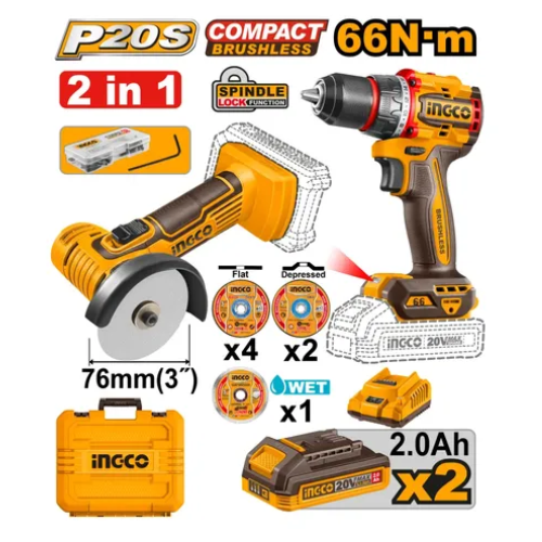 KIT COMBO INGCO P20S 20V 2 EN 1 TALADRO ATORNILLADOR BRUSHLESS 66NM + MINI AMOLADORA 76MM + 2 BATERÍAS 2.0AH + CARGADOR
