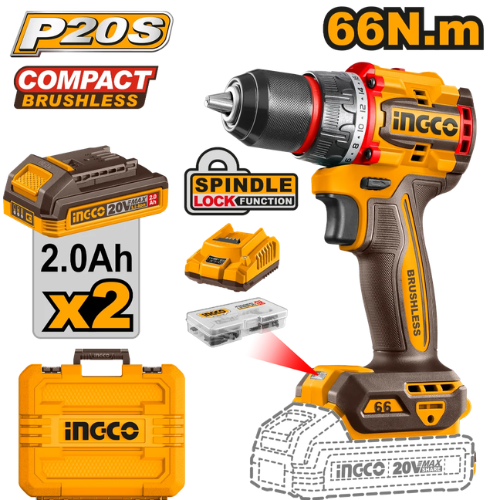 PARAFUSADEIRA INGCO P20S 20V BRUSHLESS COMPACTO 66NM + 2 BATERÍAS 2.0AH + CARGADOR + MALETÍN + SPINDLE LOCK 110V/60HZ