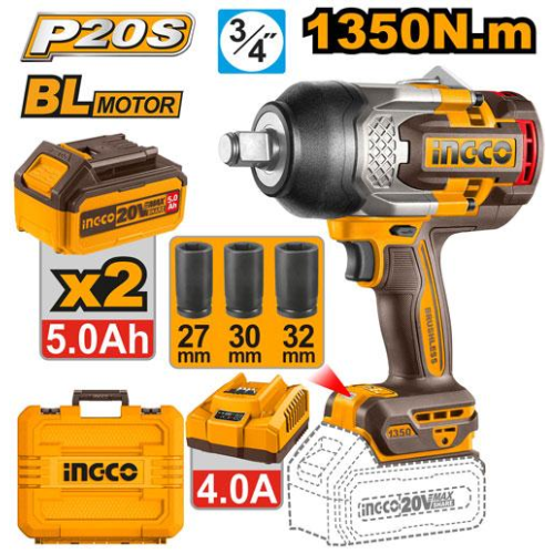 LLAVE DE IMPACTO A BATERÍA 20V P20S 3/4" 1350NM C/2BATERÍAS, CARGADOR, VALIJA + 3DADOS 27, 30, 32MM