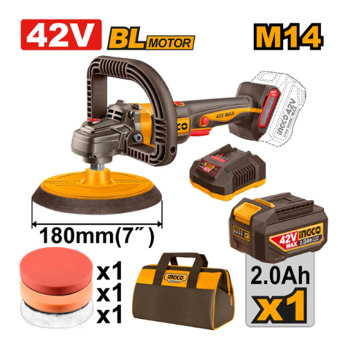 LUSTRA PULIDORA A BATERIA 42V BRUSHLESS 180MM M14 C/ACCESORIOS + BATERIA 2.0AH + CARGADOR + BOLSO