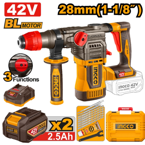 ROTOMARTILLO A BATERIA 42V 28MM 1-1/8" BRUSHLESS SDS PLUS 4.5J C/ 2 BAT 2.5AH + CARGADOR + ACCESORIOS + VALIJA