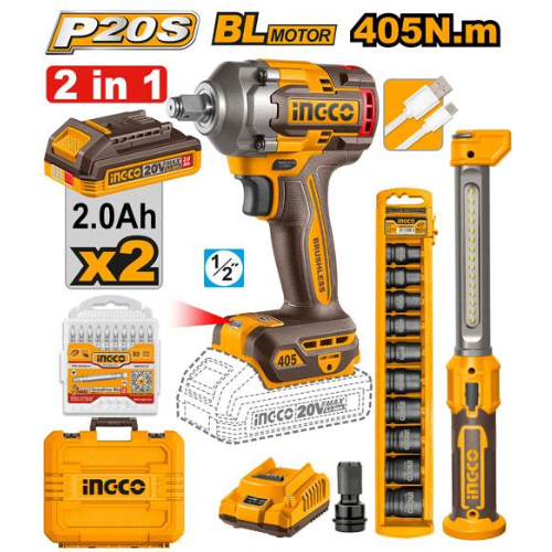 KIT IMPACTO INGCO P20S 20V 405N.m BL + ACCESORIOS