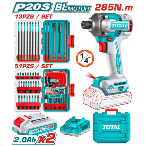 ATORNILLADOR DE IMPACTO TOTAL 20V BL 1/4" HEX 285N.m TIRLI2002 + SET 64 PZS