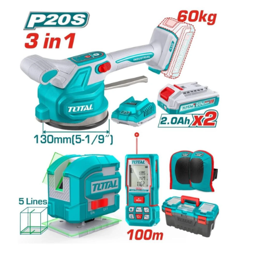 KIT 3 EN 1 TOTAL P20S - VENTOSA VIBRADORA 130MM 60KG + NIVEL LÁSER 5 LÍNEAS + MEDIDOR LÁSER 100M + 2 BATERÍAS 2.0AH