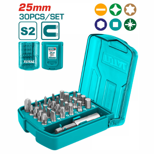SET TOTAL 30PCS PUNTAS 25MM - ACERO S2 + PORTA PUNTAS MAGNÉTICO - ESTUCHE PLÁSTICO