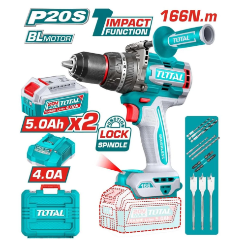KIT TALADRO PERCUTOR TOTAL 20V P20S BRUSHLESS - 166NM - 2X BATERÍA 5.0AH + CARGADOR 4.0A + MALETÍN