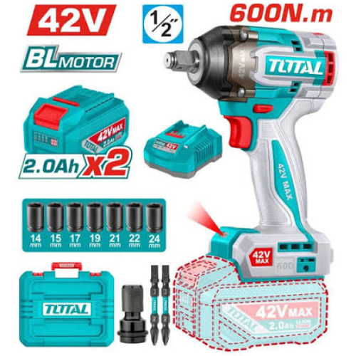 KIT LLAVE DE IMPACTO TOTAL 42V MAX - 1/2" - 600NM - BRUSHLESS - 2X BATERÍA 2.0AH + CARGADOR + 7 TUBOS