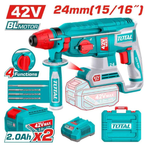 KIT ROTOMARTILLO SDS-PLUS TOTAL 42V MAX - 24MM 15/16" - 4 FUNCIONES - BRUSHLESS - 2X BATERÍA 2.0AH + CARGADOR