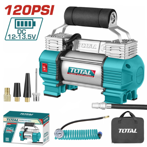 COMPRESOR DE AIRE TOTAL 12V - 120PSI - DOBLE CILINDRO - MANÓMETRO + BOLSA + 3 ADAPTADORES