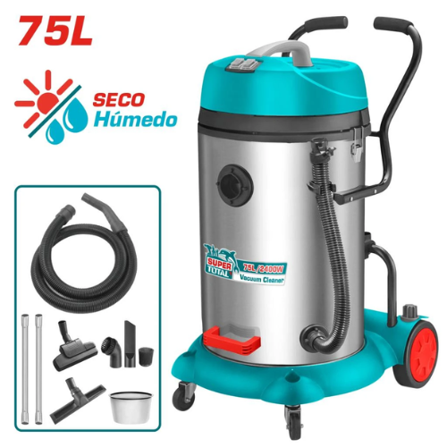 ASPIRADORA INDUSTRIAL TOTAL 75L - 2400W - SECO/HÚMEDO - ACERO INOX + RUEDAS + KIT ACCESORIOS