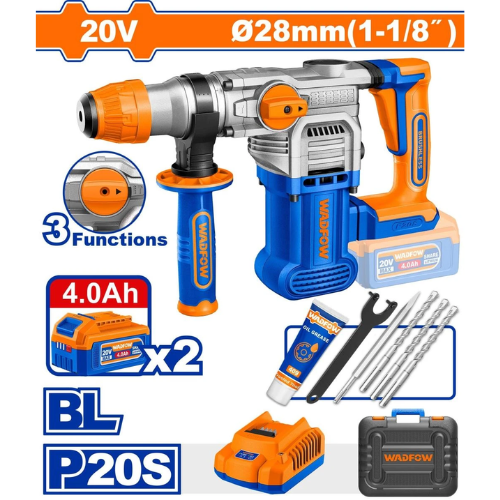 ROTOMARTILLO WADFOW 20V BL MOTOR SDS PLUS 28MM 3 FUNCIONES - 2 BATERÍAS 4AH