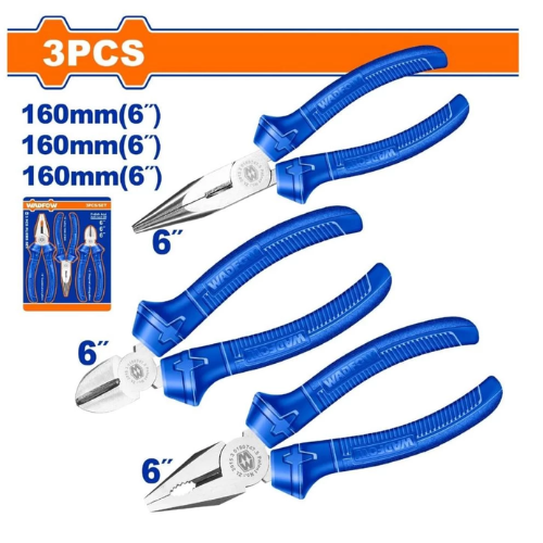 SET 3 ALICATES WADFOW 160MM 6" COMBINADO + PUNTA + CORTE DIAGONAL