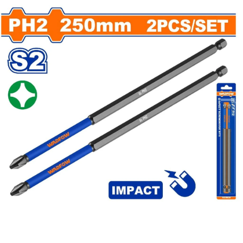 JUEGO DE PUNTAS MAGNÉTICAS WADFOW 2PCS PH2 250MM ACERO S2 IMPACT EXTRA LARGA
