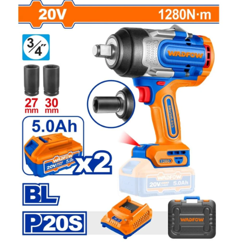 LLAVE DE IMPACTO INALÁMBRICA WADFOW 20V 1280NM 3/4" BL P20S 2 BATERÍAS 5.0AH + TUBOS 27-30MM