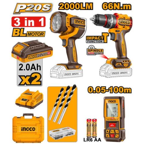 KIT COMBO 4 EN 1 INGCO P20S 20V - 2 LLAVES DE IMPACTO + LÁMPARA + CARGADOR 4A
