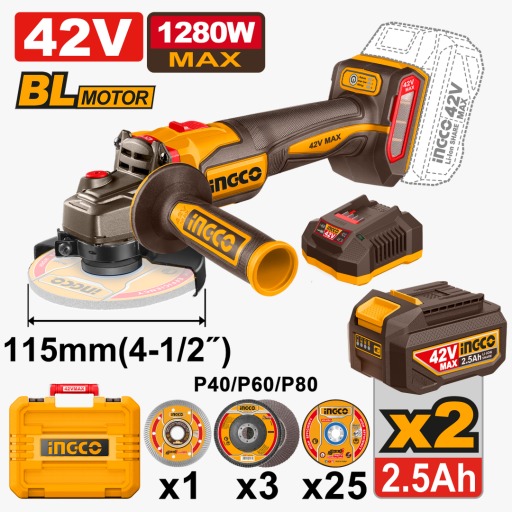 AMOLADORA ANGULAR A BAT.42V 115MM C/ 2BAT 2.0AH + CARGADOR + VALIJA