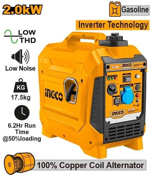 Generador inverter a gasolina de 2.0 KwPotencia nominal de trabajo: 1.8 kW (1800 W)Voltaje y Frecuencia: 220–240 V ~ 50 Hz.