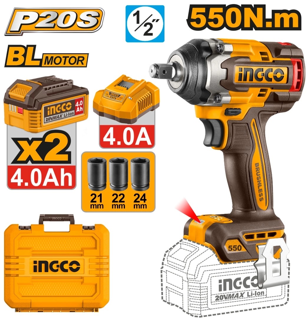 LLAVE DE IMPACTO 550NM A BAT. P20S 20VMotor sin carbones.Voltaje: 20VAccionamiento cuadrado: 1/2"Velocidad sin carga: 0-2500 RPM