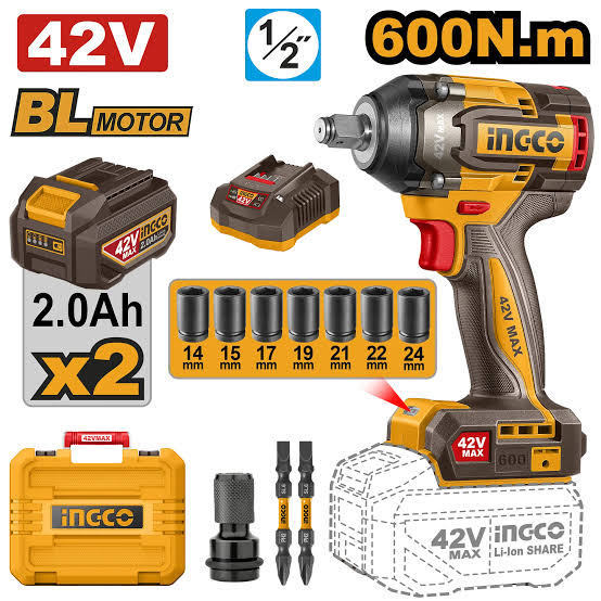 Llave de Impacto inalámbrica 42V M1/2 600Nm con Baterias y Cargador