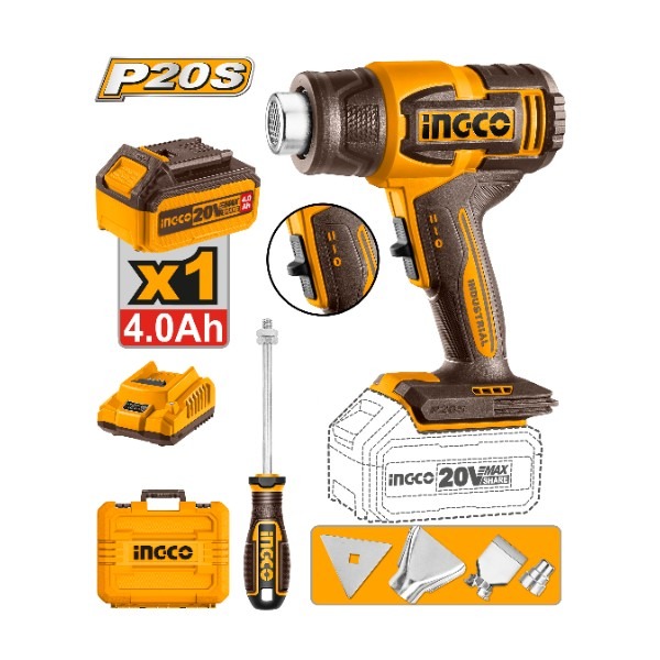 PISTOLA DE CALOR 550°C A BATERIA P20S 20V + BAT 4.0AH + CARGADOR + VALIJA + ACCESORIOS INGCO