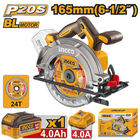 Sierra circular 20V C/ 1 Bateria 4,0Ah + cargador de 4AVoltaje: 20VVelocidad sin carga: 5200 rpmDiámetro de la hoja: 165 mm (6-1/2'')