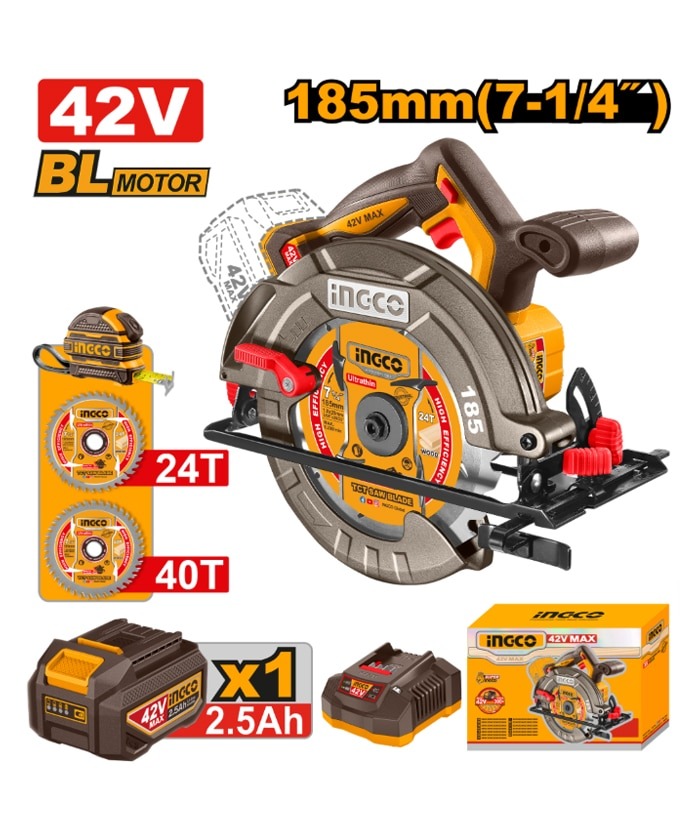 SIERRA CIRCULAR A BATERIA 42V BRUSHLESS 185MM C/ BATERIA 2.5AH + CARGADOR + ACCESORIOS
